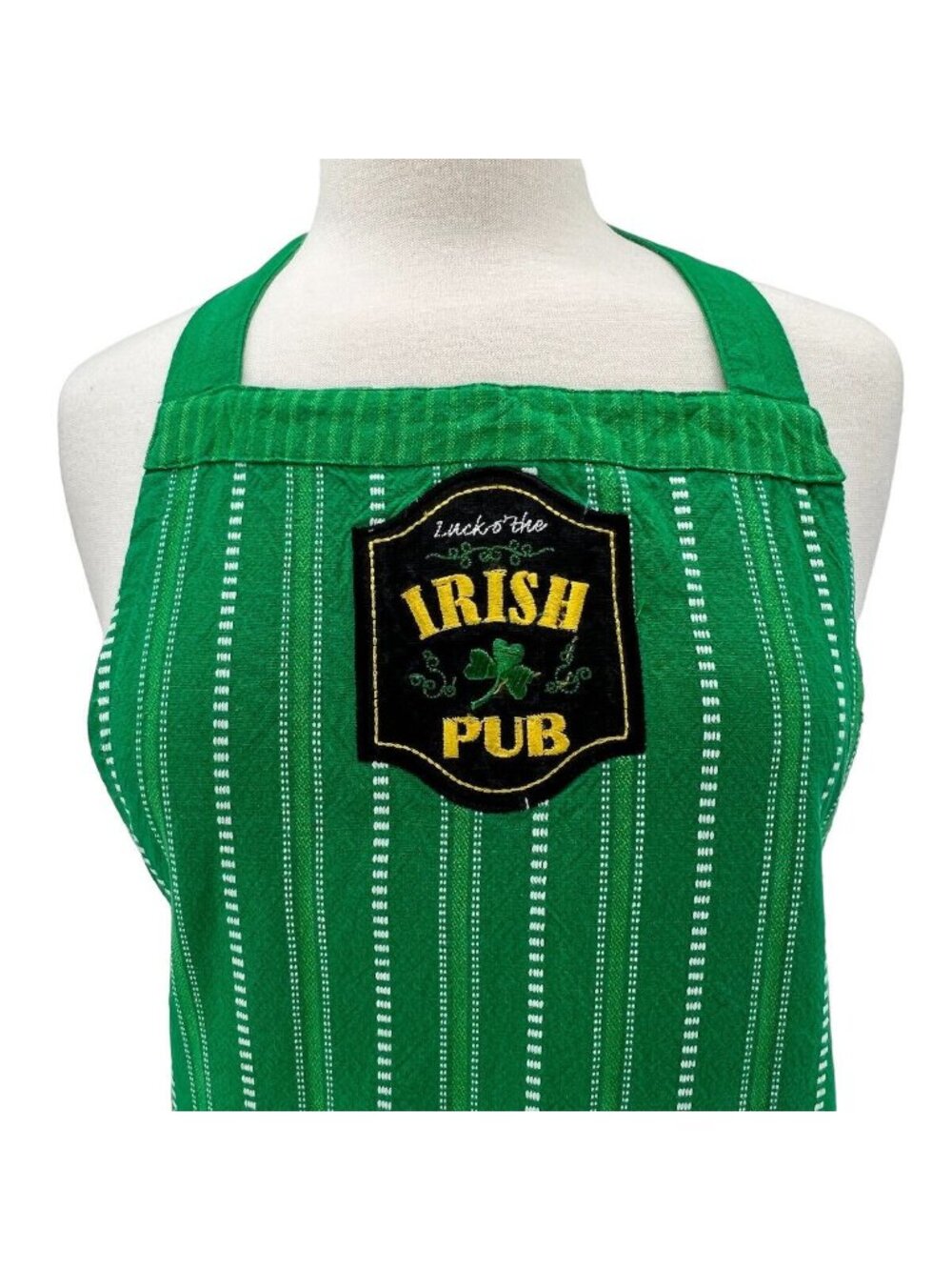 Irish Pub Green Apron With "Luck O The Irish" Embroidery & Pockets